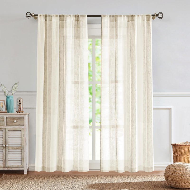 Central Park Beige and White Stripe Sheer Curtains Boucle Linen Farmhouse Rustic Window Curtain Panel Yarn Dyed Woven 84 Inches Long for Living Room Bedroom with Rod Pocket, 40" W x 84" L (Pack of 2) - Image 1